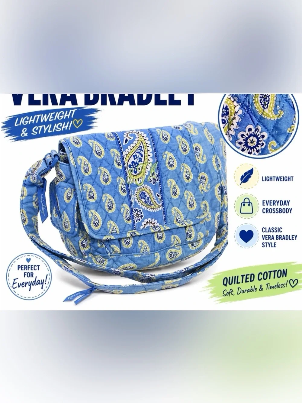 Vera Bradley Blue Paisley Quilted Cotton Crossbody with Yellow Accents